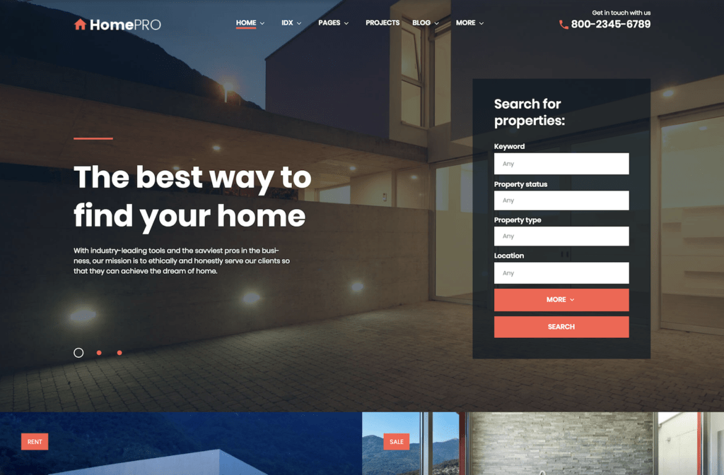 HomePro WordPress theme for real estate website