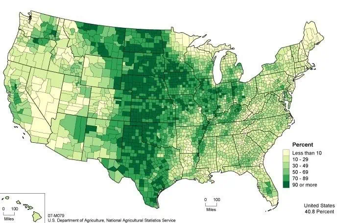Acres-of-land-in-farms-as-percentage-of-land-areas-in-acres-2007-The-dark-green-areas
